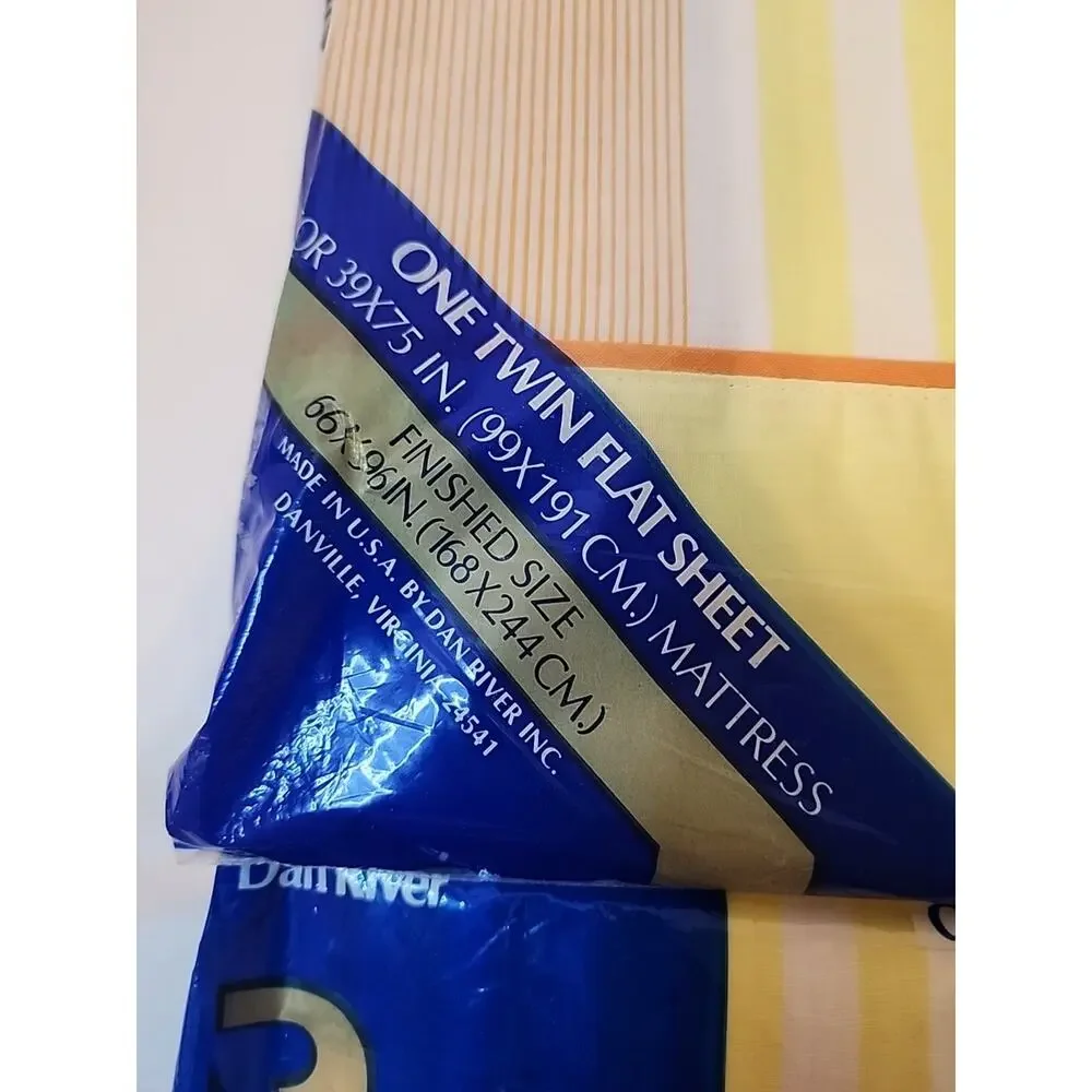 Vintage Dan River Dantrel Twin Flat Fitted Sheets Yellow Orange Striped No Iron